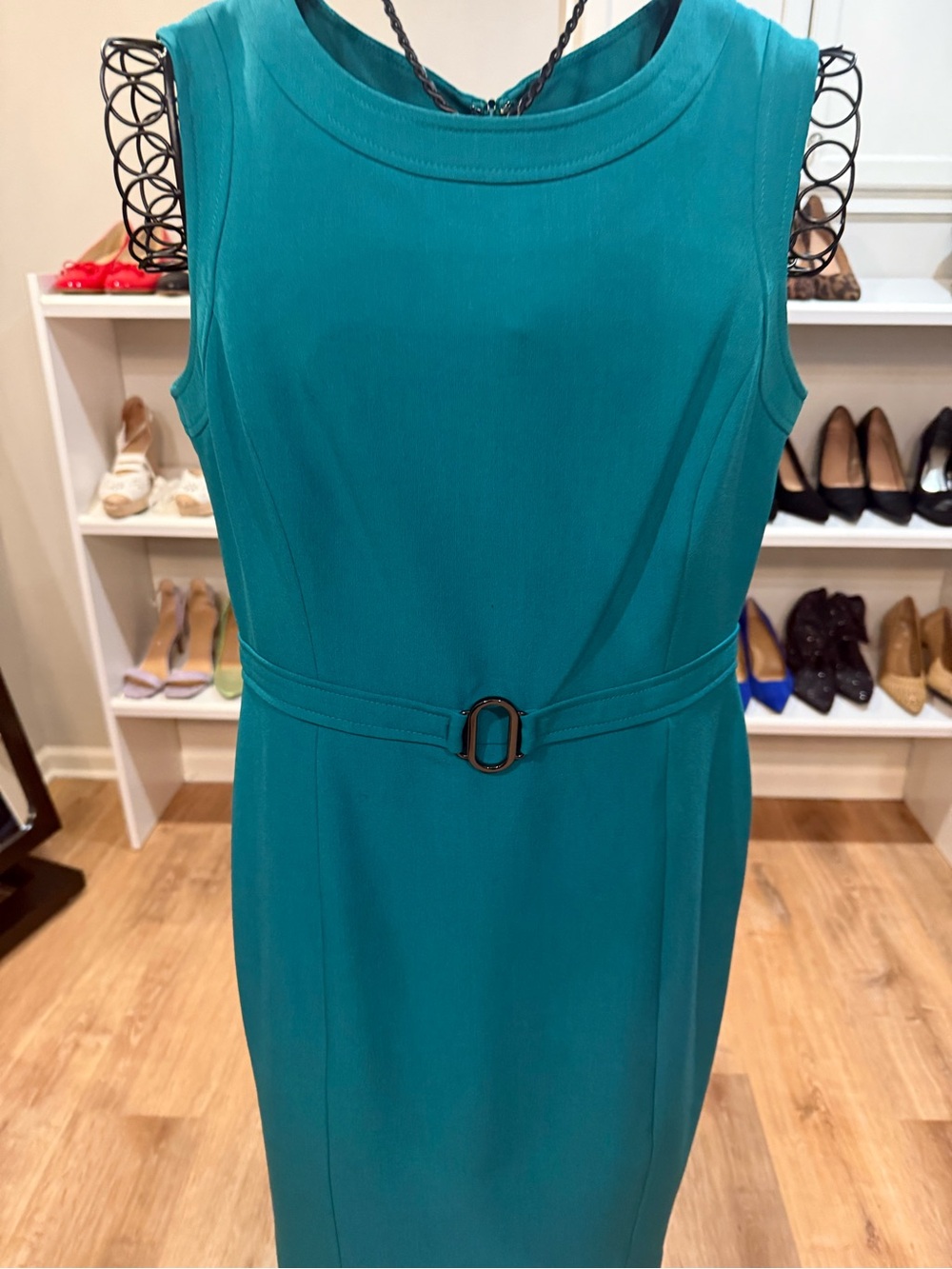 Kasper Teal Sleeveless Sheath Dress with Belt Detail